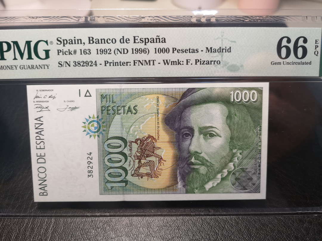《外钞收藏家》2021年第3拍（98期） 西班牙1992年1000比塞塔  PMG66  精致小钞 雕刻精美