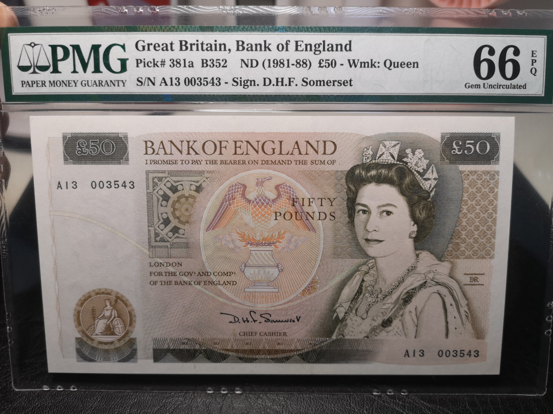《外钞收藏家》2021年第3拍（98期） 1981-88年英国D序列50镑 PMG66  首签3543号  大票幅女王钞