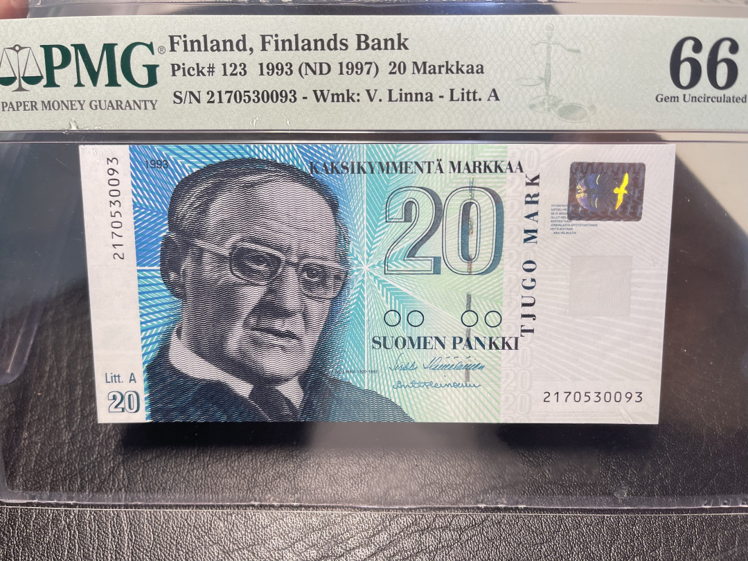 《外钞收藏家》2021年第3拍（98期） 1993年芬兰20马克 PMG66