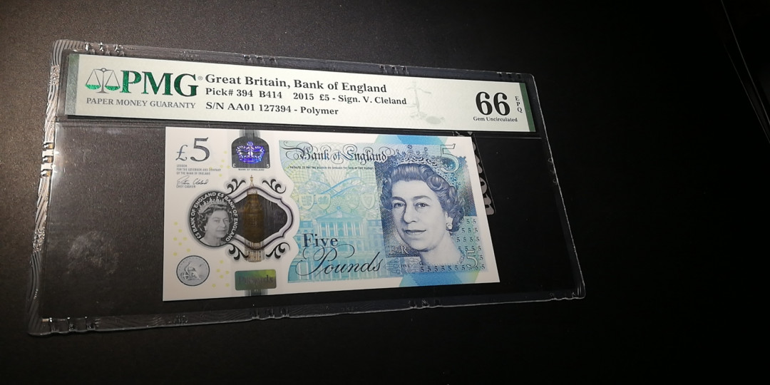 【YSculture】 PMG.精拍 全新UNC 英国 5镑 2015年 AA冠 pmg66