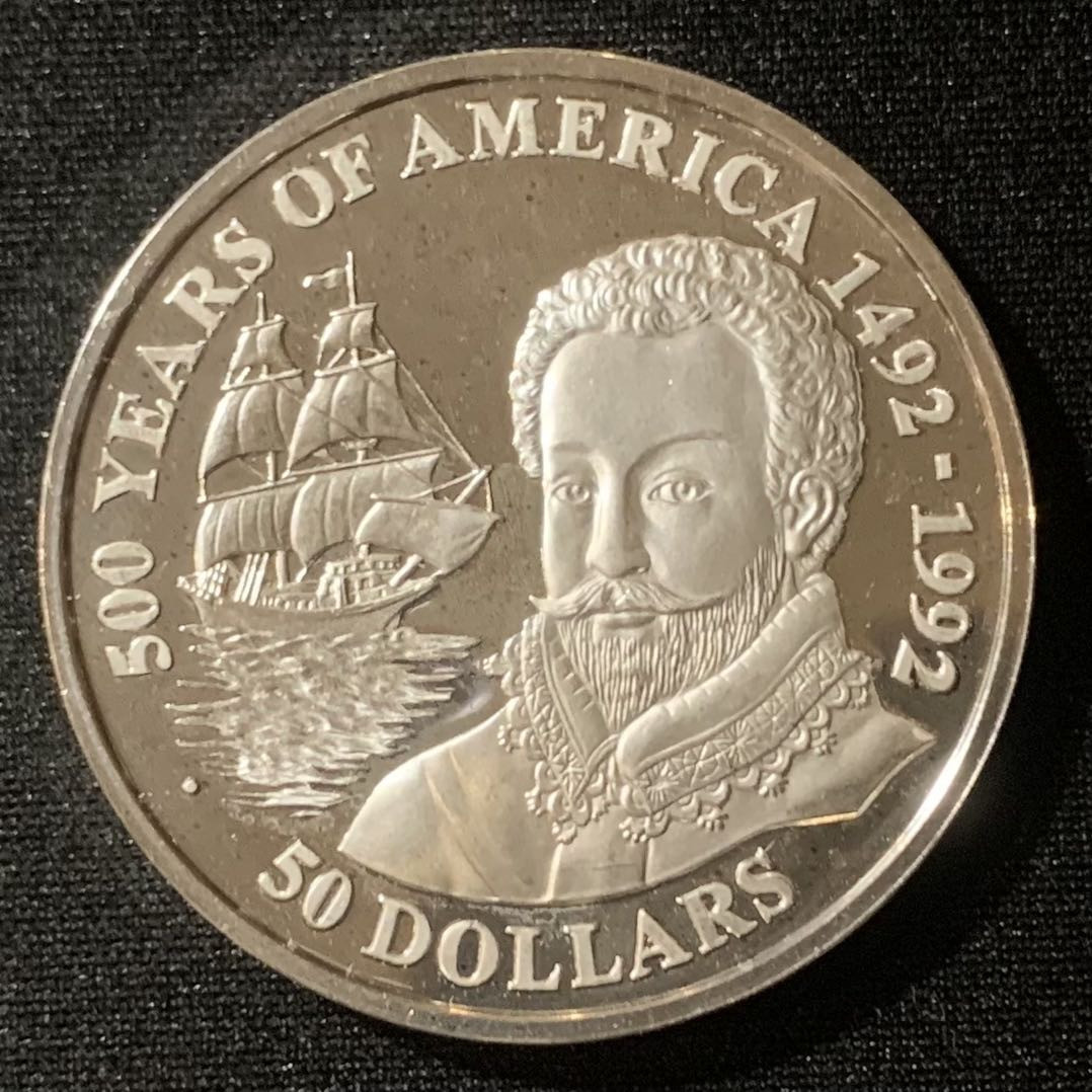 紫瑗钱币—微拍第128期  库克群岛 1990年 发现美洲500周年 圣佛朗西斯科 德雷克 50元 31.35克 0.925银 精制 