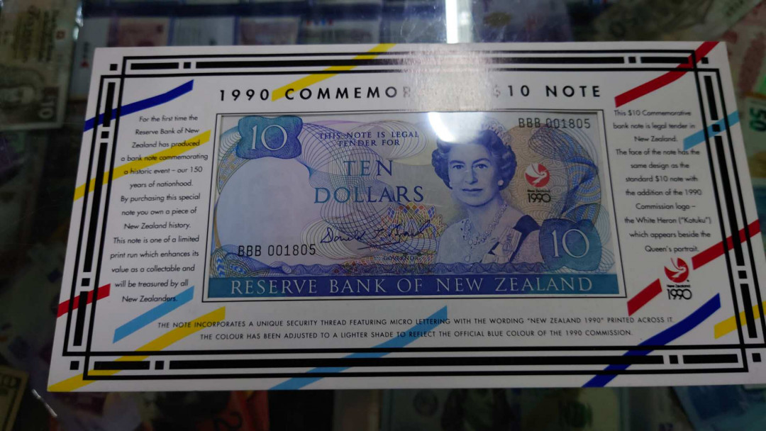 【囧羊收藏】精选微拍第13期（2021年第四期）~纸币硬币混合篇 1990年新西兰10元纪念钞 原装册 全新UNC 全程无47小号