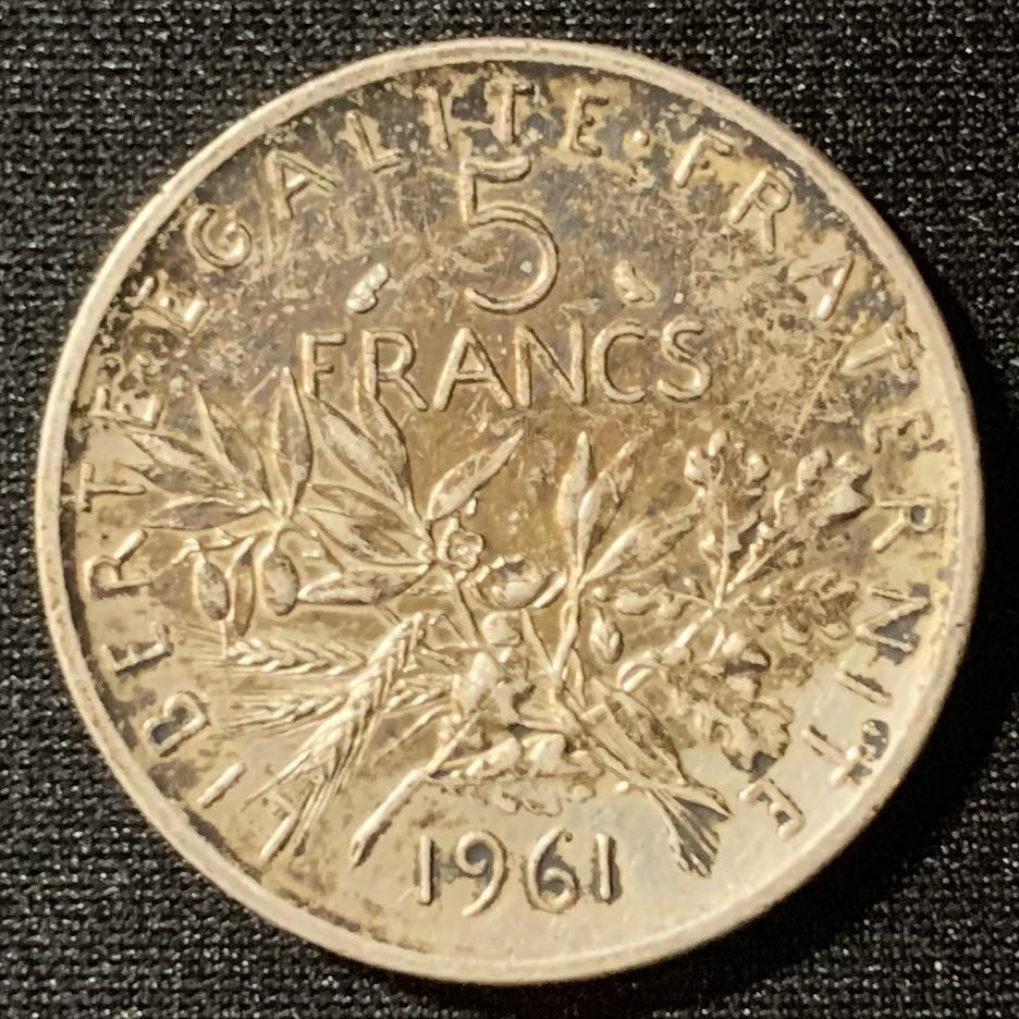 紫瑗钱币—微拍第133期  法国 1961年 播种女神 5法郎 12克 0.835银