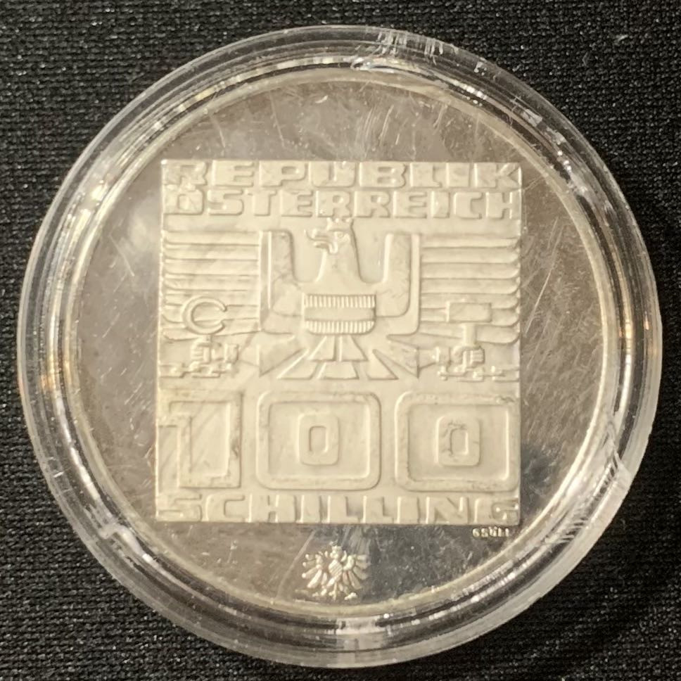 紫瑗钱币—微拍第128期  奥地利 1976年 因斯布鲁克冬奥运 滑雪 100先令 24克 0.64银 精制