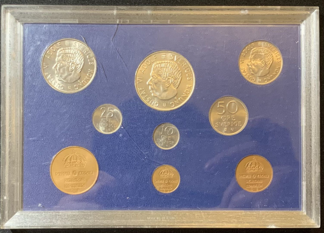 紫瑗钱币—微拍第128期  瑞典 1971年 1欧尔—5克朗 1枚银币 9枚套 原盒 