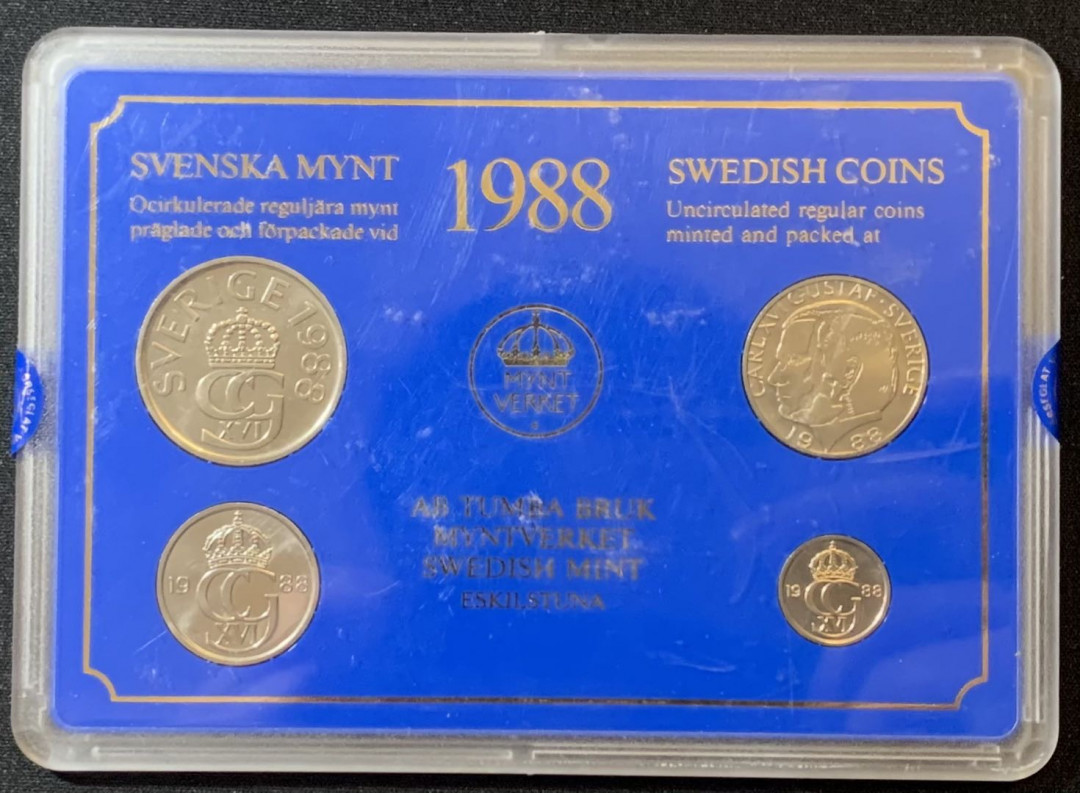 紫瑗钱币—微拍第128期  瑞典 1988年 流通币 10欧尔—5克朗 4枚套 原厂盒