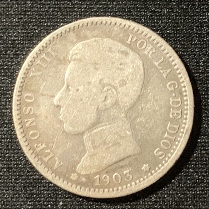 紫瑗钱币—微拍第128期  西班牙 1903年 阿方索13世 少年头 1比塞塔 5克 0.835银