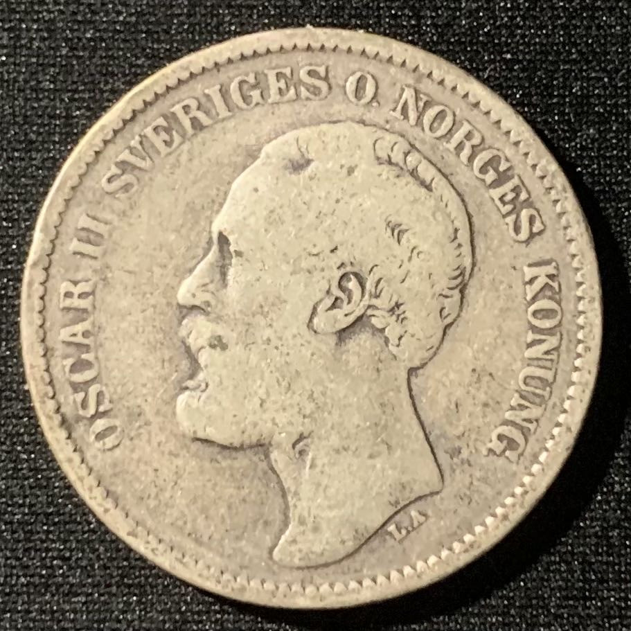 紫瑗钱币—微拍第128期  瑞典 1878年 奥斯卡二世 2克朗 银币 15克 0.8银 少见年份