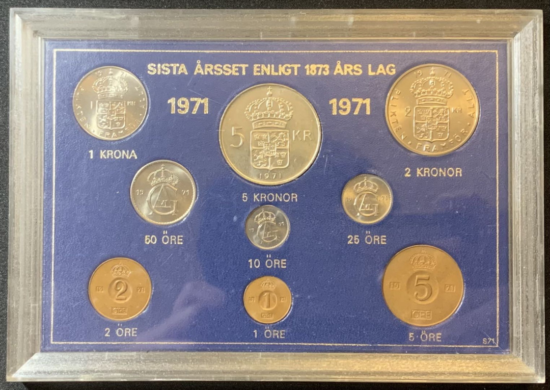紫瑗钱币—微拍第128期  瑞典 1971年 1欧尔—5克朗 1枚银币 9枚套 原盒 