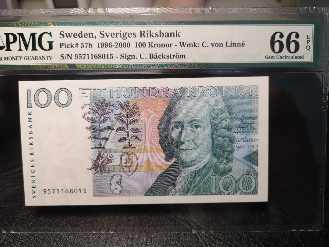 《外钞收藏家》2021年第4拍（99期） 瑞典1996-2000年100克朗 PMG66 初版