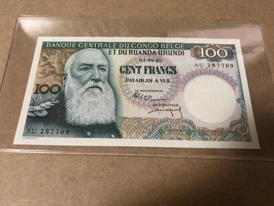 【Blue Auction】世界纸币精拍第58期—— 年前收官之拍（共80拍） - 比属刚果 1960年100法郎 UNC（有轻微波浪纹） 经典大胡子 