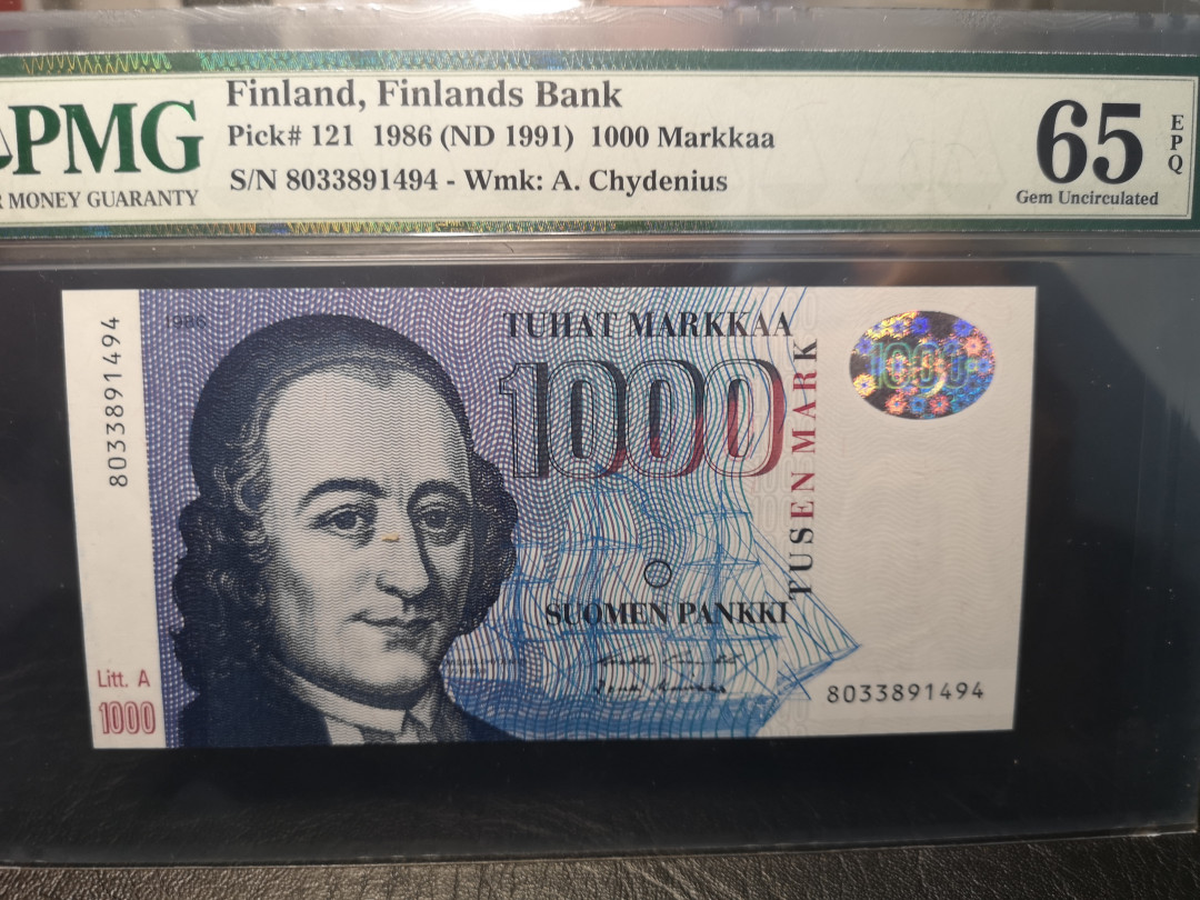 《外钞收藏家》2021年第4拍（99期） 芬兰1986年 1000马克 PMG65