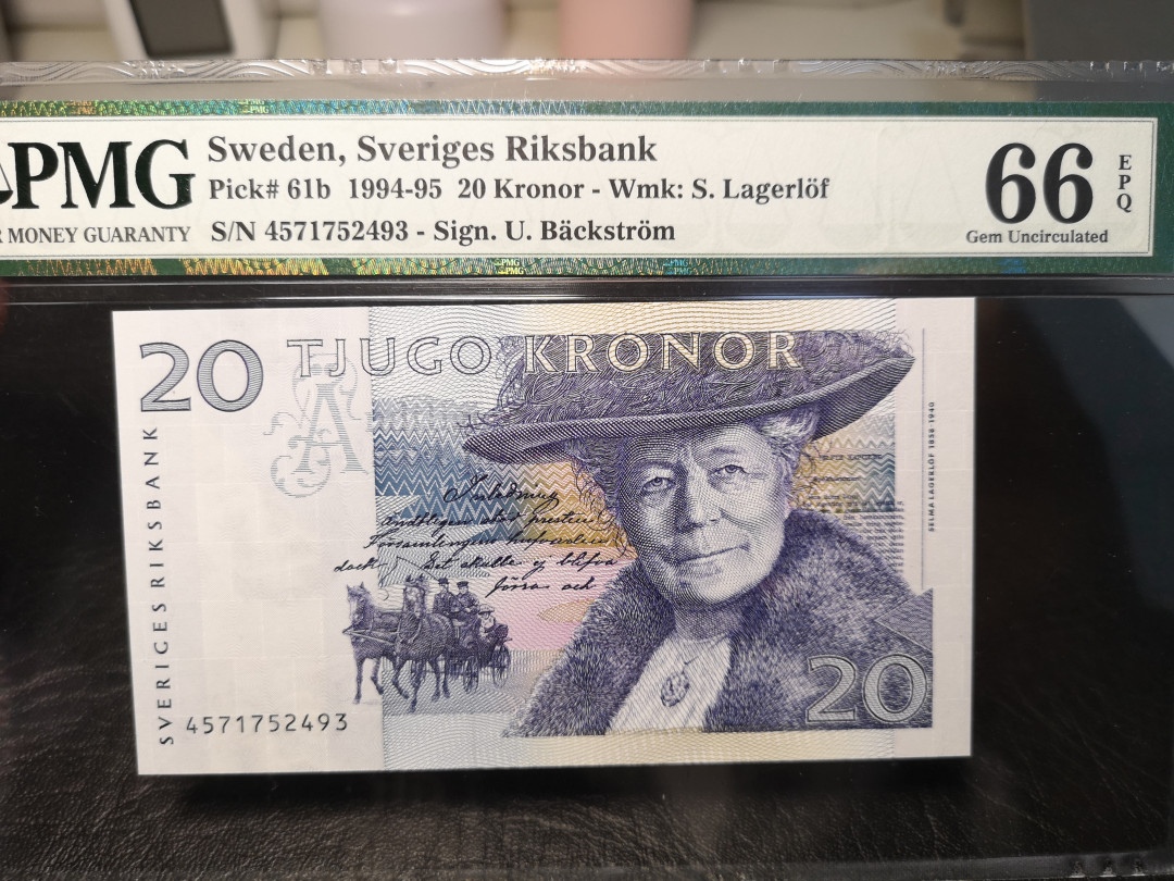 《外钞收藏家》2021年第4拍（99期） 瑞典1994-95年20克朗 初版  PMG66