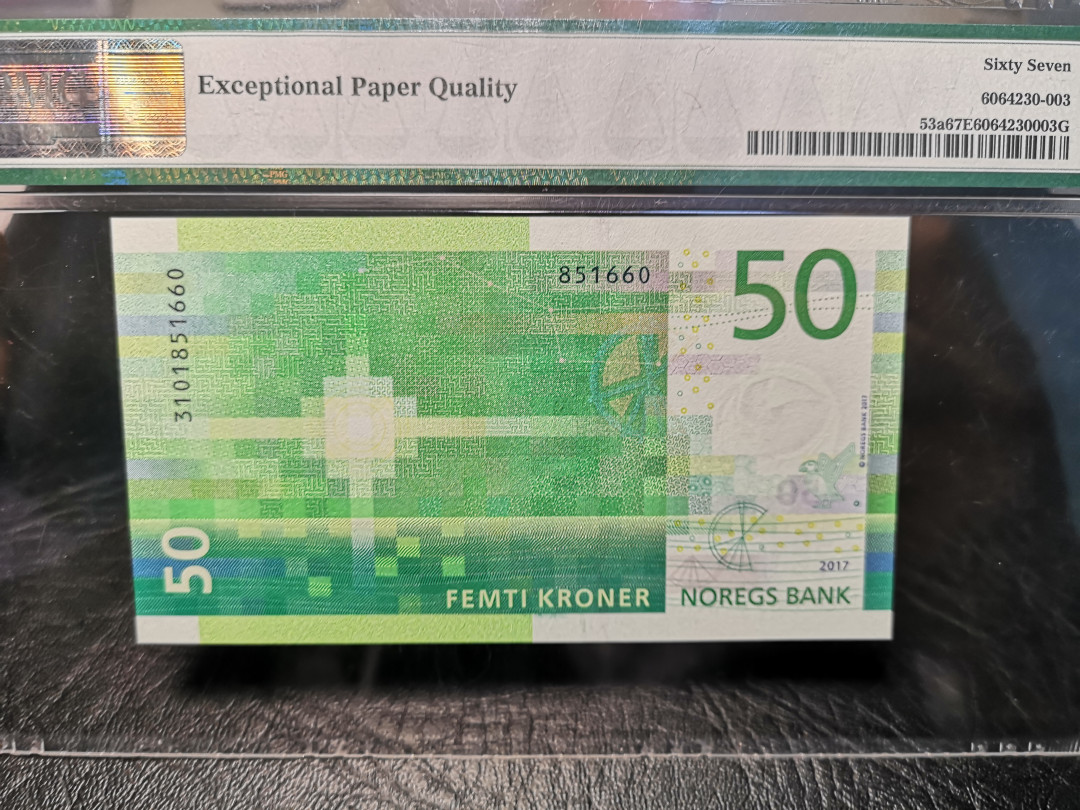 《外钞收藏家》2021年第4拍（99期） 挪威2017年50克朗  PMG67 无47
