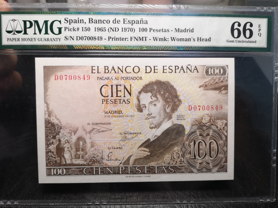 《外钞收藏家》2021年第4拍（99期） 西班牙1965年100法郎 PMG66
