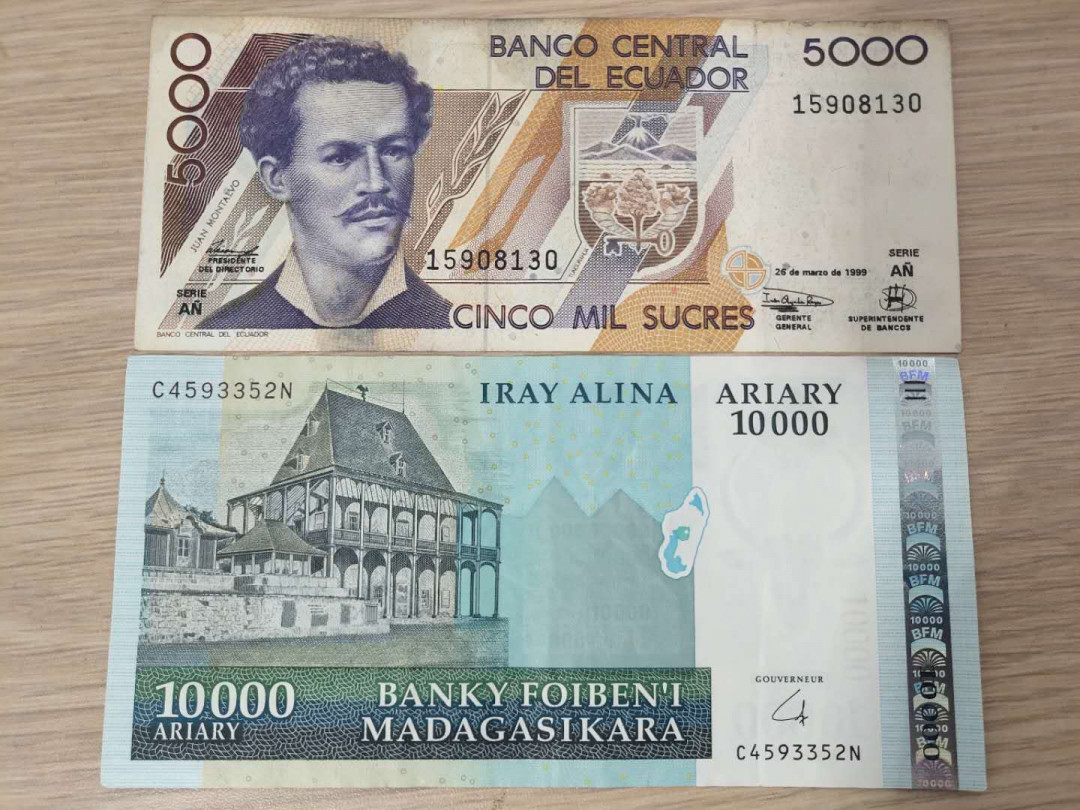 N&C第5期 最后一拍: 外国纸币裸钞专场 厄瓜多尔和马达加斯加两张 马达加斯加比较新
