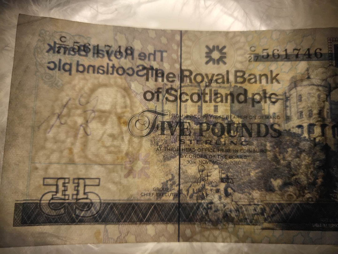 N&C第5期 最后一拍: 外国纸币裸钞专场 苏格兰5镑 流通品 有笔迹