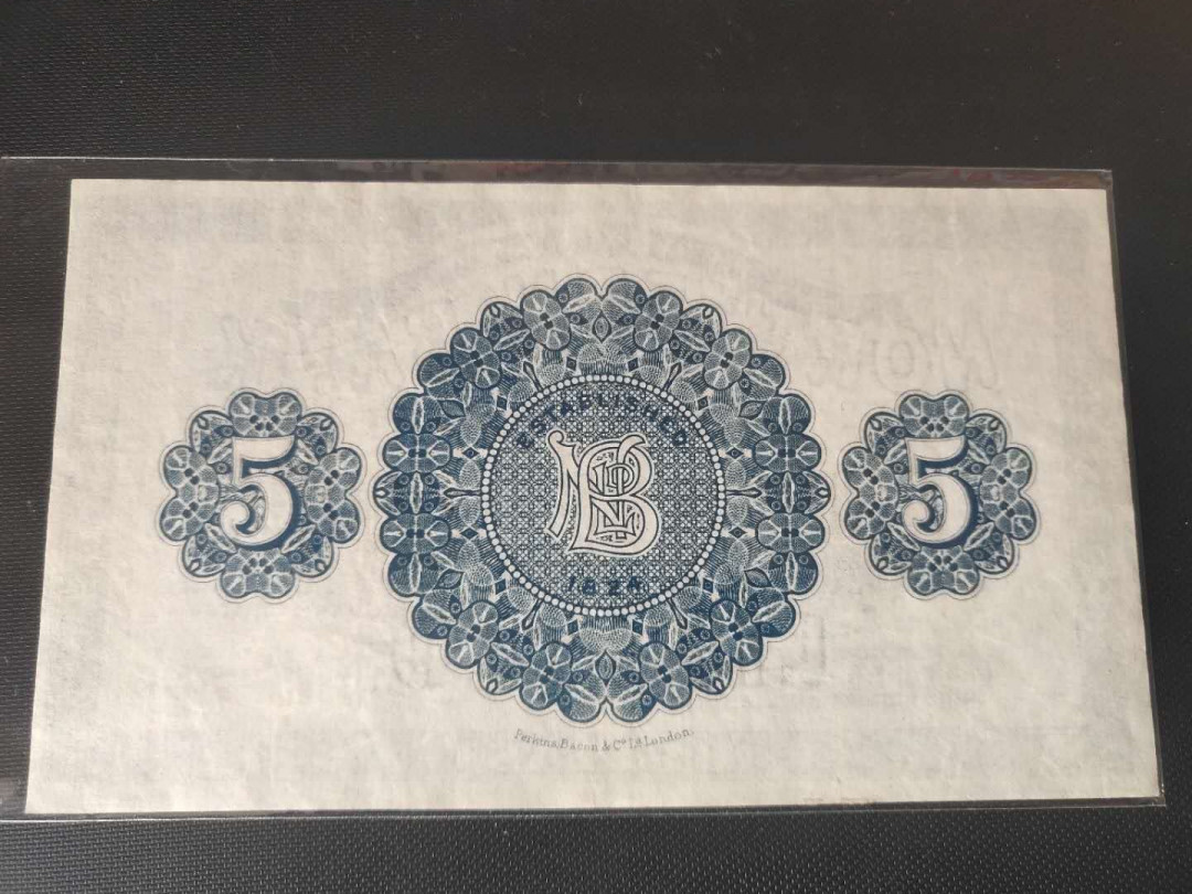 N&C第5期 最后一拍: 外国纸币裸钞专场 珍品! 早期爱尔兰5镑，风格类似白色英镑，大票幅 基本全新