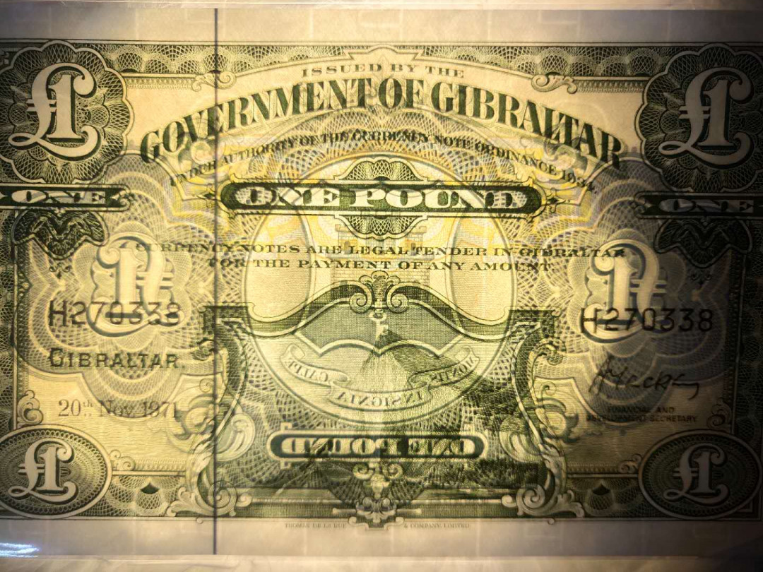 N&C第5期 最后一拍: 外国纸币裸钞专场 1971年直布罗陀1镑 少见珍稀品种 UNC- 左上角有个软折