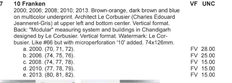 N&C第5期 最后一拍: 外国纸币裸钞专场 全新UNC瑞士10法郎两张，品相很绝，包含00年稀少年份!