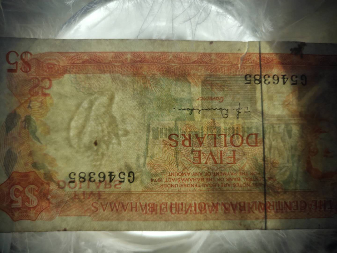 N&C第5期 最后一拍: 外国纸币裸钞专场 1974年巴哈马5元 七品 下面有撕裂 稀少签名!