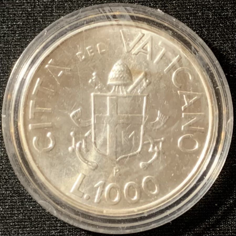 紫瑗钱币—微拍第129期  梵蒂冈 1991年 传教士与两个年轻人 1000里拉 14.6克 0.835银 UNC