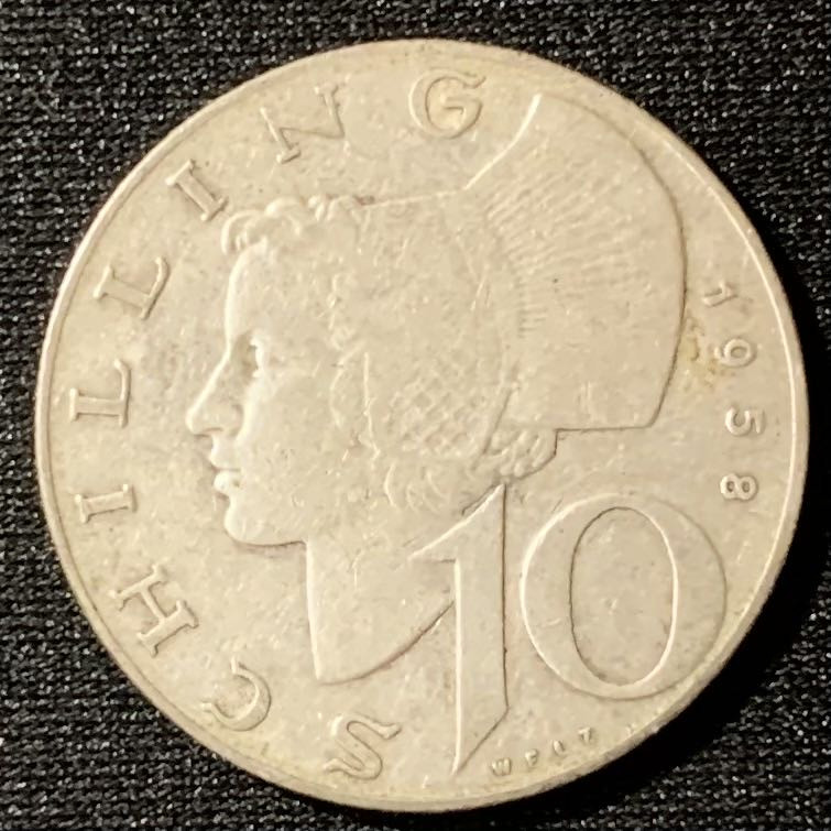 紫瑗钱币—微拍第129期  奥地利 1958年 女神 10先令 7.5克 0.64银