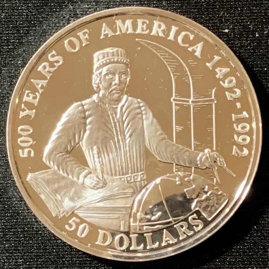 紫瑗钱币—微拍第136期  库克群岛 1993年 发现美洲500周年 胡安·德拉科萨 50元 31.35克 0.925银 精制 