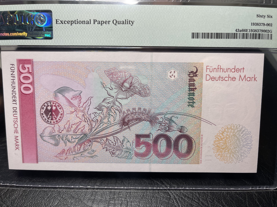 《外钞收藏家》2021年第4拍（99期） 1991年德国末版500马克 PMG66 AA冠 无347 无月牙 无拖墨