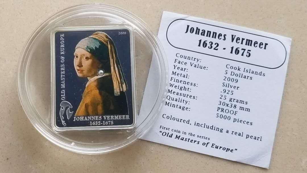 N&C第4期: 中外古钱币专场 上期补拍: 2009年库克群岛5元纪念名画系列彩色银币 戴珍珠的少女