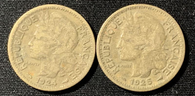 紫瑗钱币—微拍第129期  - 法属多哥 1924 1925年 1法郎 2枚一组