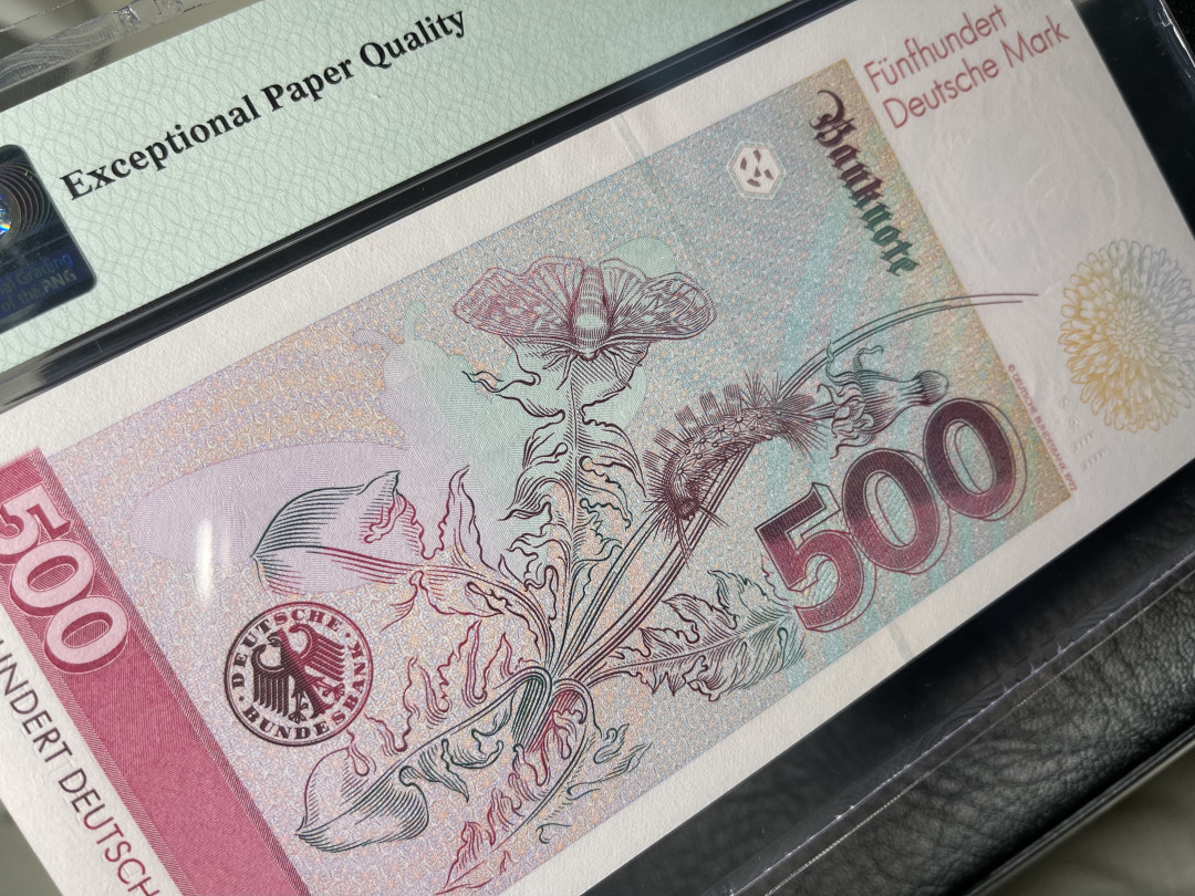 《外钞收藏家》2021年第4拍（99期） 1991年德国末版500马克 PMG66 AA冠 无347 无月牙 无拖墨