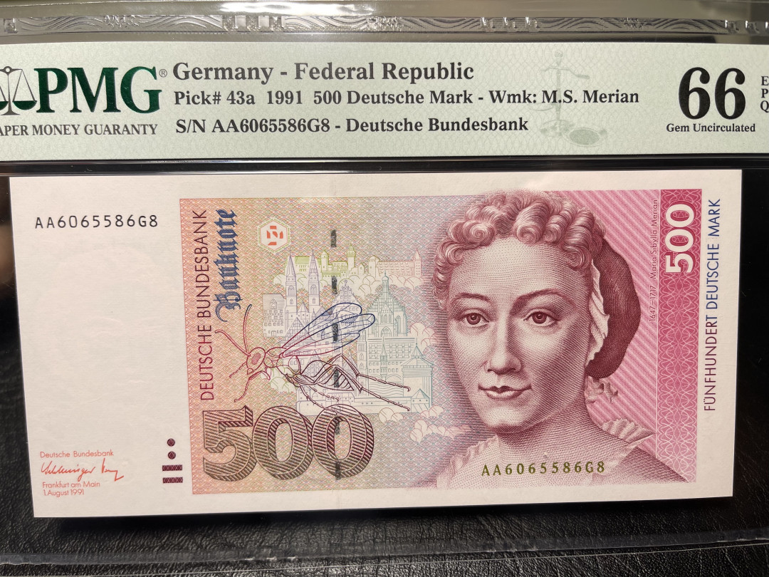 《外钞收藏家》2021年第4拍（99期） 1991年德国末版500马克 PMG66 AA冠 无347 无月牙 无拖墨