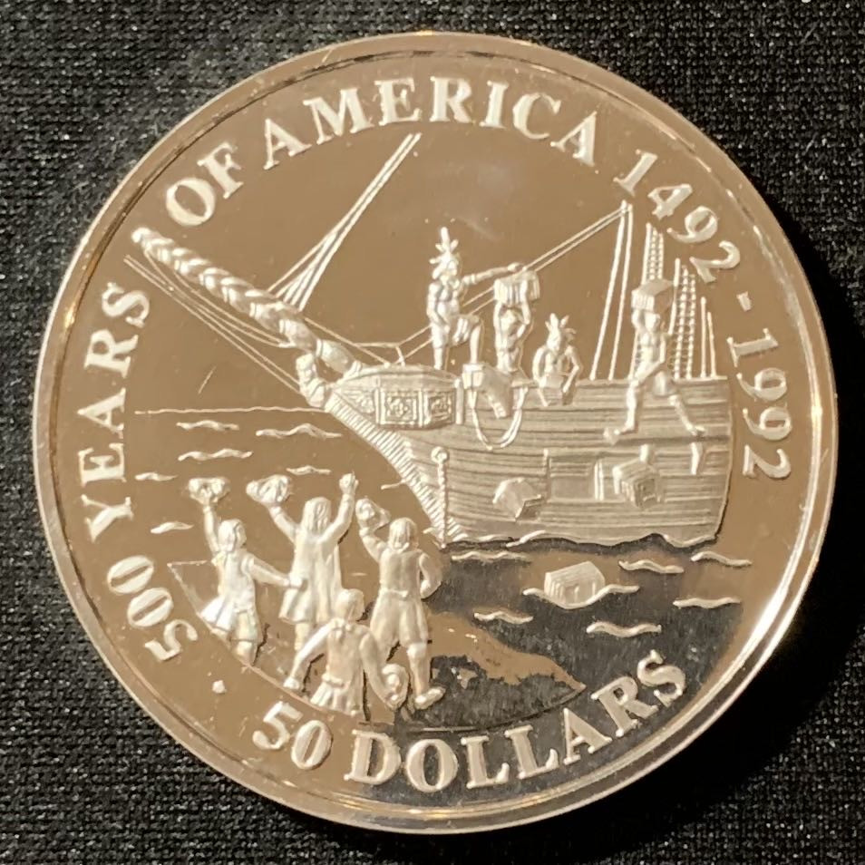 紫瑗钱币—微拍第129期  库克群岛 1991年 发现美洲500周年 波士顿茶话会  50元 31.35克 0.925银 精制 