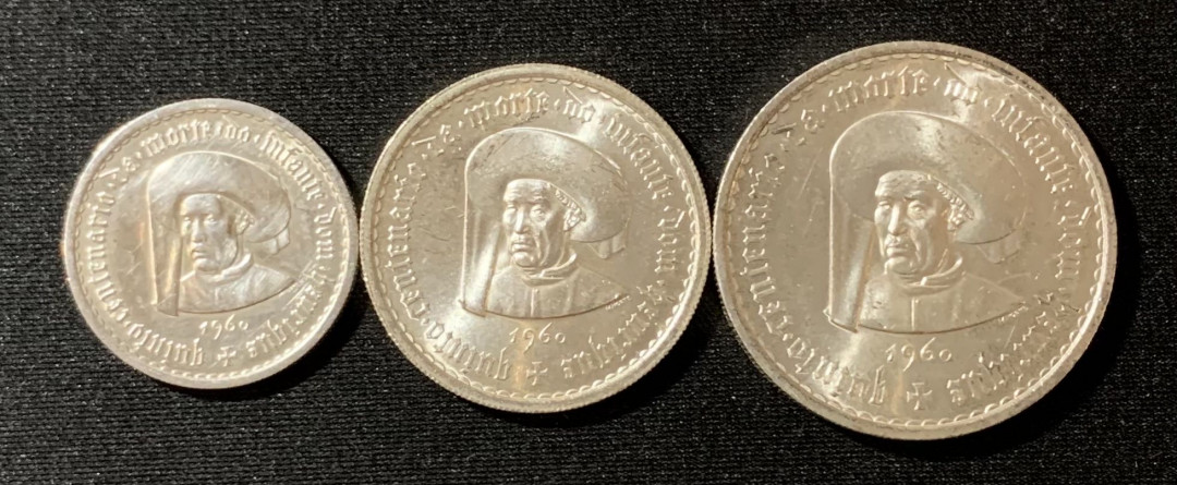 紫瑗钱币—微拍第129期  葡萄牙 1960年 亨利王子500周年  5 10 20埃斯库多 三枚一套 共40.5克 0.835银