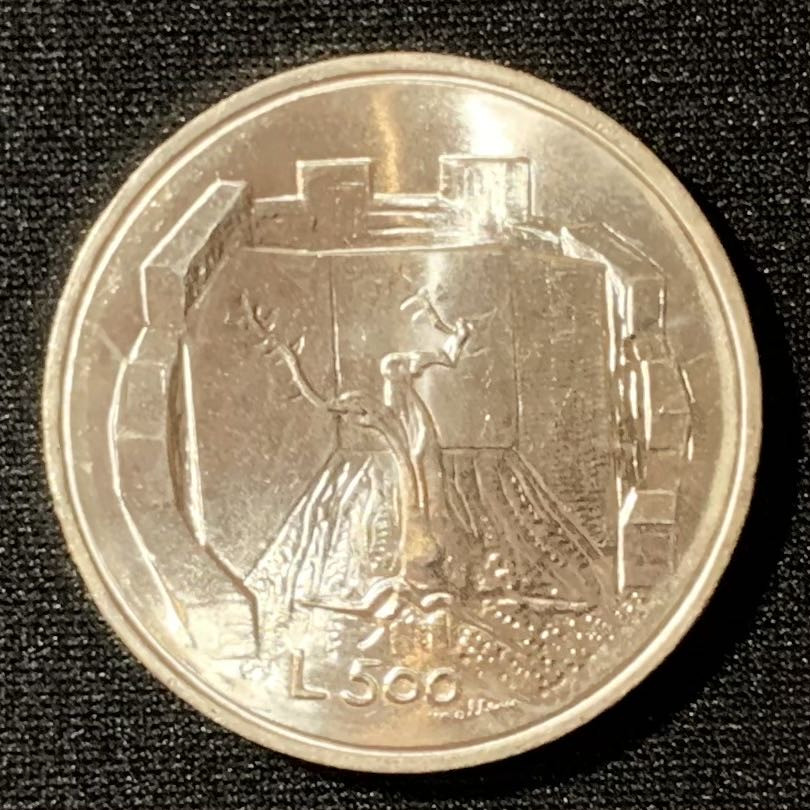 紫瑗钱币—微拍第135期  圣马力诺 1976年 鸵鸟羽毛和塔 500里拉 11克 0.835银 UNC