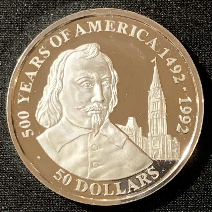 紫瑗钱币—微拍第129期  库克群岛 1990年 发现美洲500周年  塞缪尔·德·尚普兰 50元 31.35克 0.925银 精制 