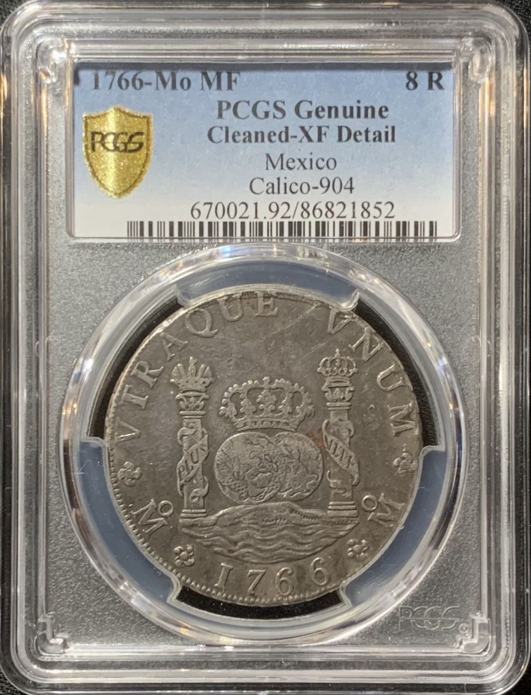 紫瑗钱币—微拍第129期  墨西哥 1766年 地球双柱 8里亚尔 PCGS XF detail 黑色包浆
