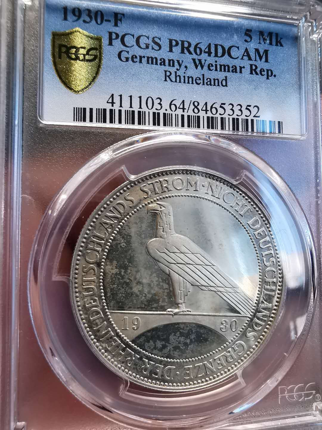 凡希社世界钱币微拍第一百四十七期年末捡漏专场 荐！1930魏玛莱茵兰5马克精铸PCGS-PF64DCAM深度镜面！