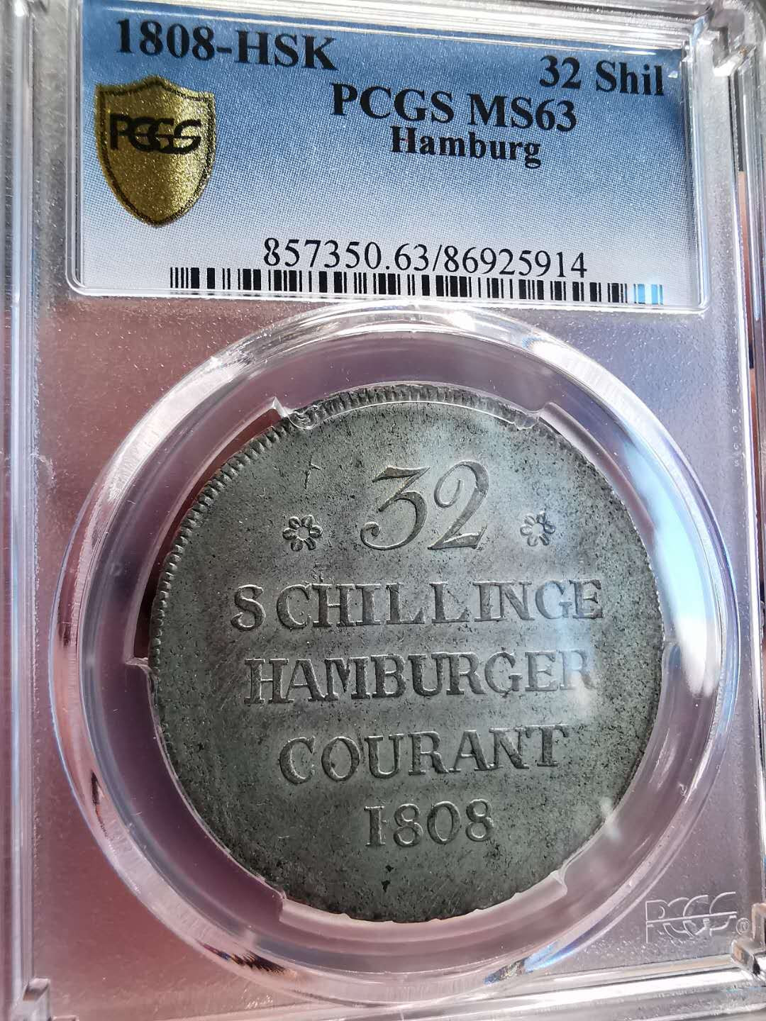 凡希社世界钱币微拍第一百四十七期年末捡漏专场 荐！1808汉堡自由市32先令大银PCGS-MS63淡彩！