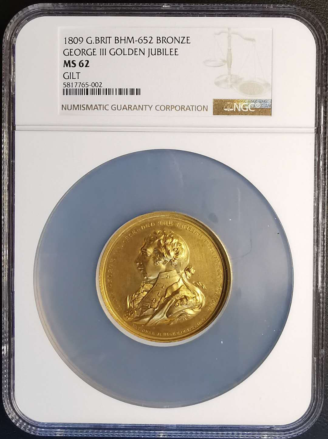 凡希社世界钱币微拍第一百四十七期年末捡漏专场 荐！1809英国乔治三世加冕五十周年纪念章铜质镀金NGC-MS62