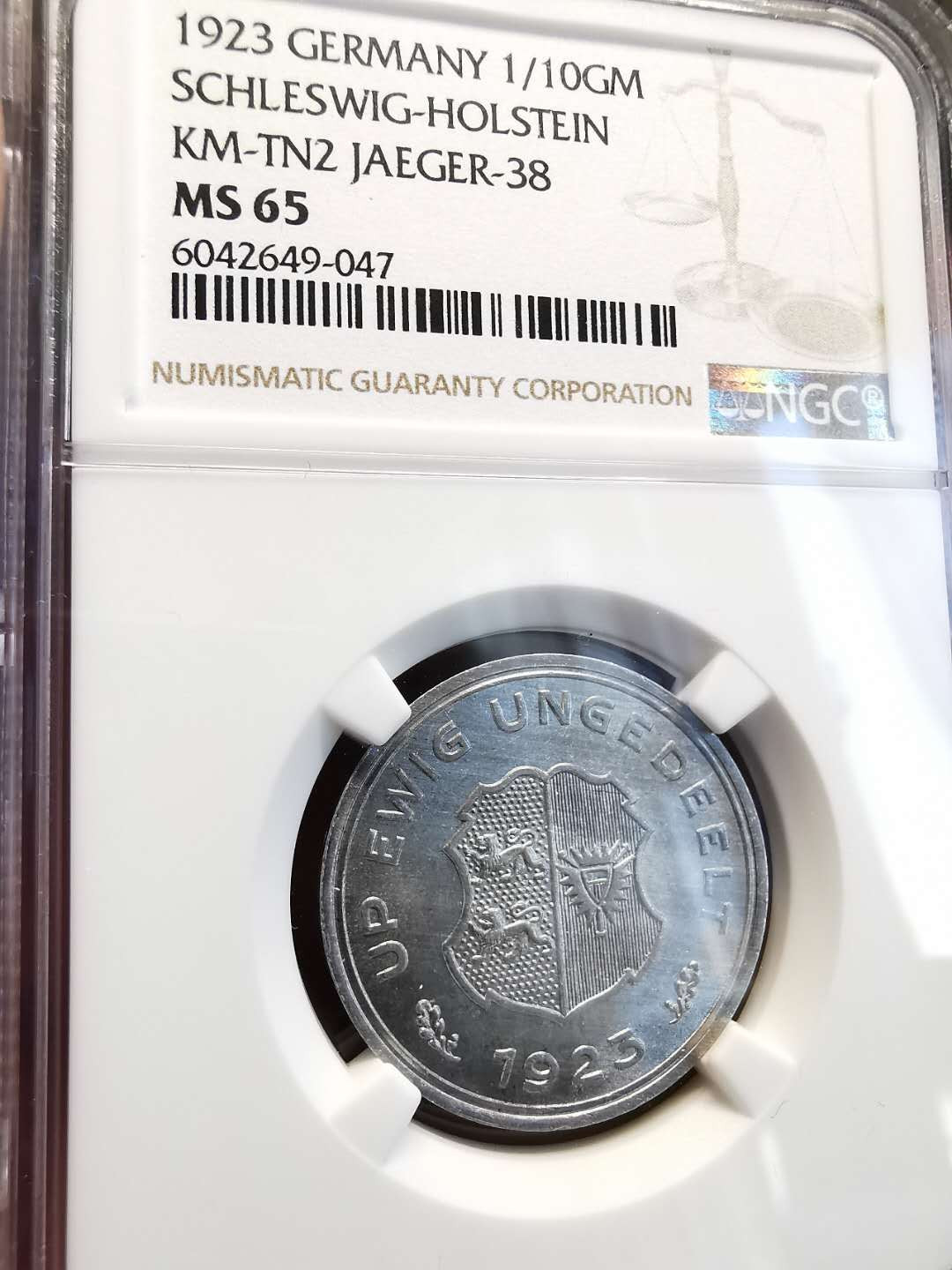 凡希社世界钱币微拍第一百四十七期年末捡漏专场 少！1923石勒苏益格荷尔斯坦因1/10GM NGC-MS65