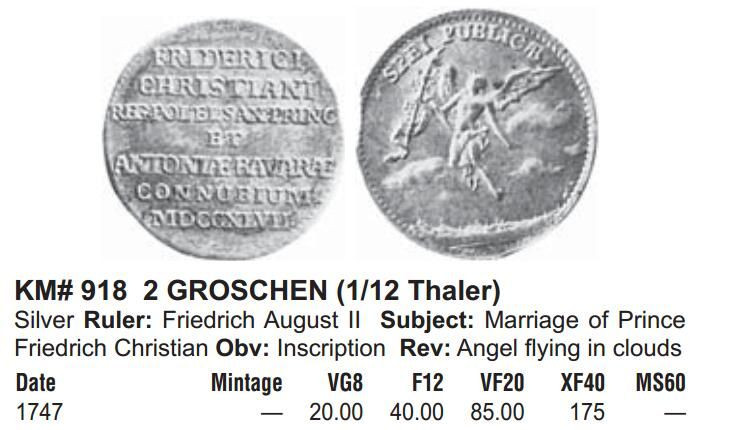 凡希社世界钱币微拍第一百四十七期年末捡漏专场 荐！1747萨克森王子于巴伐利亚公主成婚纪念1/12泰勒NGC-AU58稀少品种！