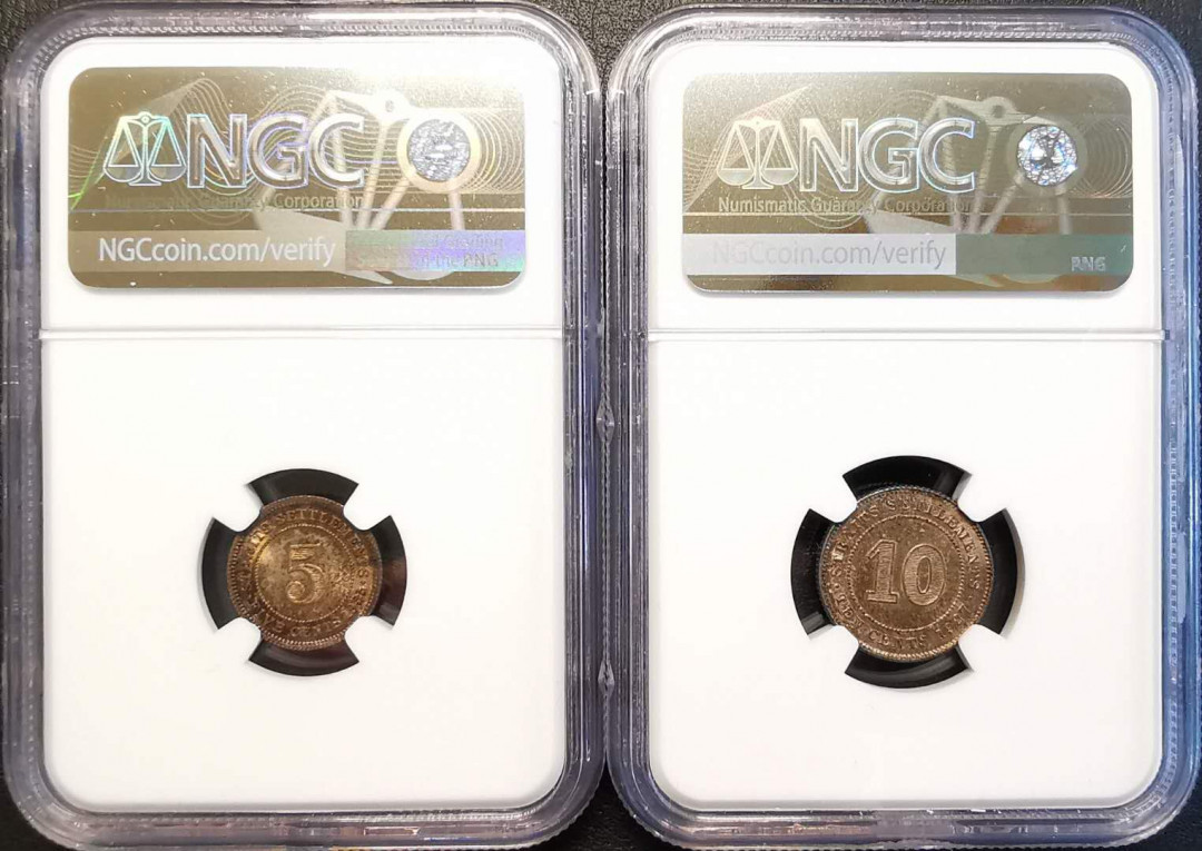 凡希社世界钱币微拍第一百四十七期年末捡漏专场 1927/35海峡殖民地乔五5分10分一对NGC-MS63原包浆！