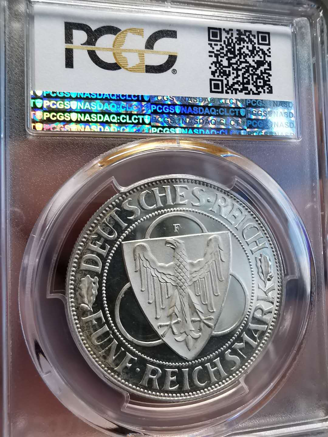 凡希社世界钱币微拍第一百四十七期年末捡漏专场 荐！1930魏玛莱茵兰5马克精铸PCGS-PF64DCAM深度镜面！