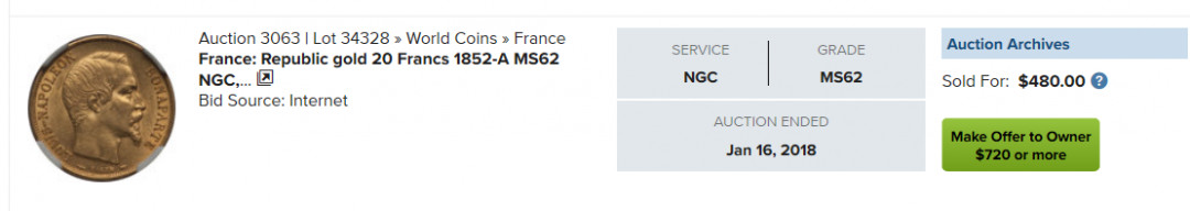 凡希社世界钱币微拍第一百四十七期年末捡漏专场 1852法国拿三20法郎金币NGC-MS62