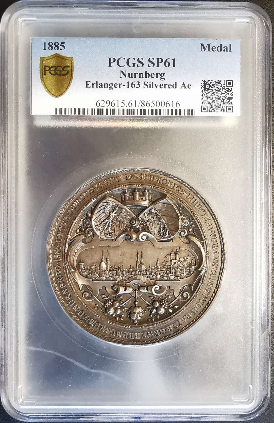 凡希社世界钱币微拍第一百四十七期年末捡漏专场 1885纽伦堡城市景观纪念章铜质镀银165g PCGS-SP61