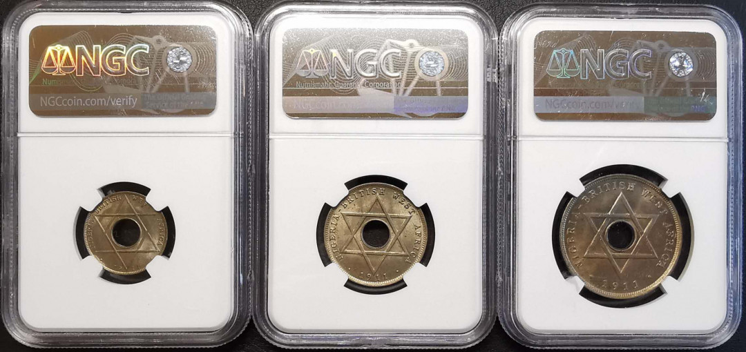 凡希社世界钱币微拍第一百四十七期年末捡漏专场 1911英属西非镍币三枚套NGC-MS62/64/64