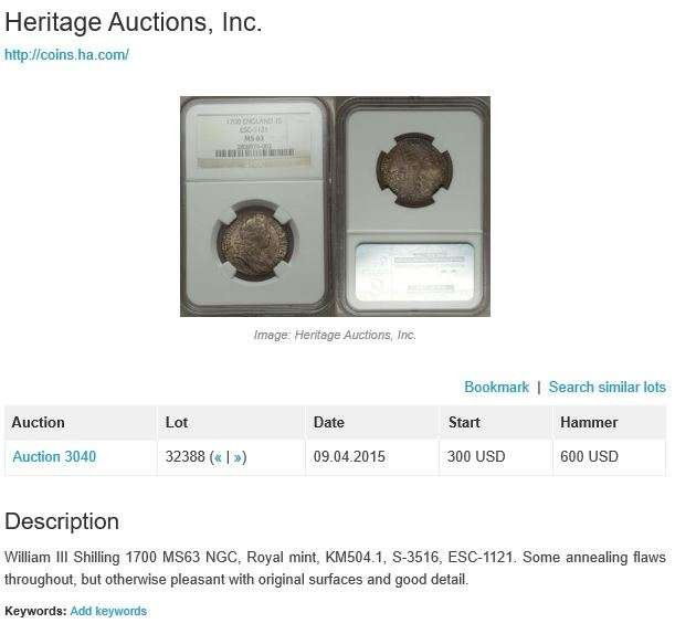 凡希社世界钱币微拍第一百四十七期年末捡漏专场 荐！1700英国威廉三世先令NGC-MS63英伦包浆！