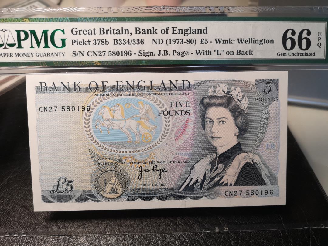 《外钞收藏家》二零二一新年拍（第100期） 378b  英国D序列5镑  PMG66